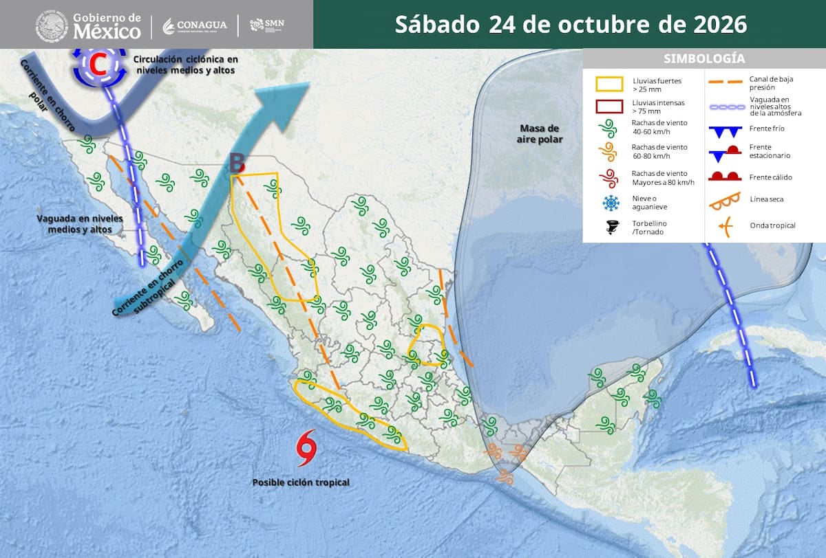 Pronóstico del clima para el sábado 24 de octubre del 2026. | Crédito: SMN