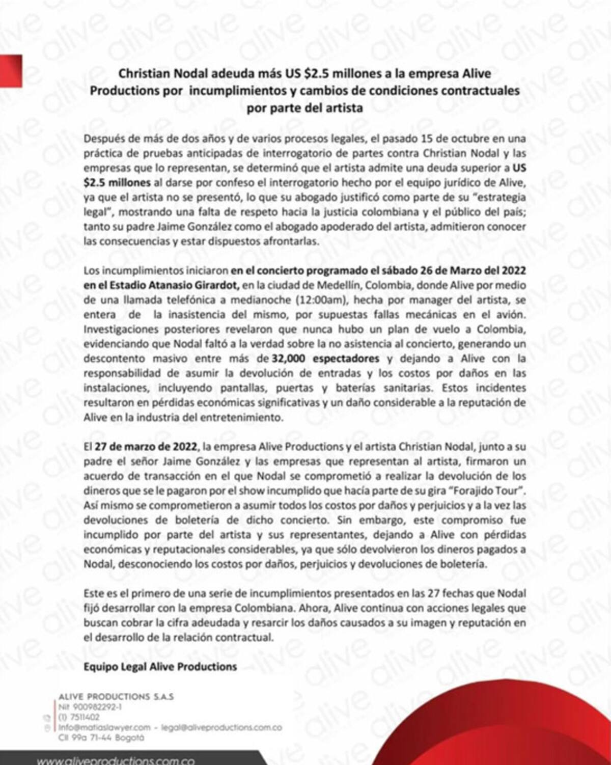 El comunicado difundido en redes sociales y emitido por el bufete Matías Lawyer.
