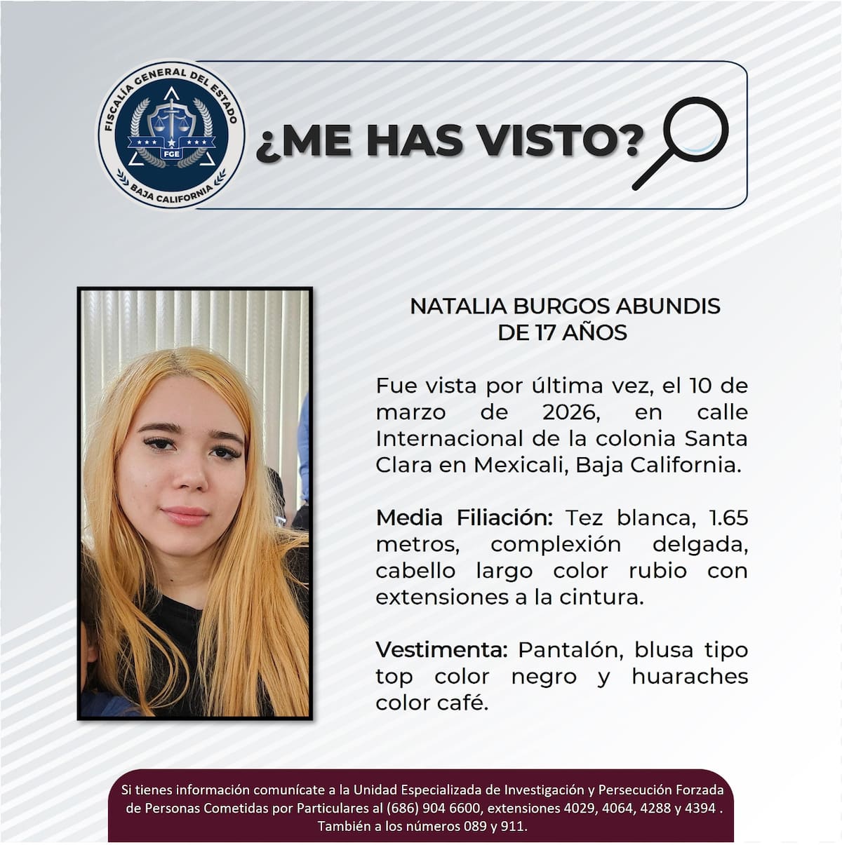 Fue vista por última vez el 10 de marzo de 2026.