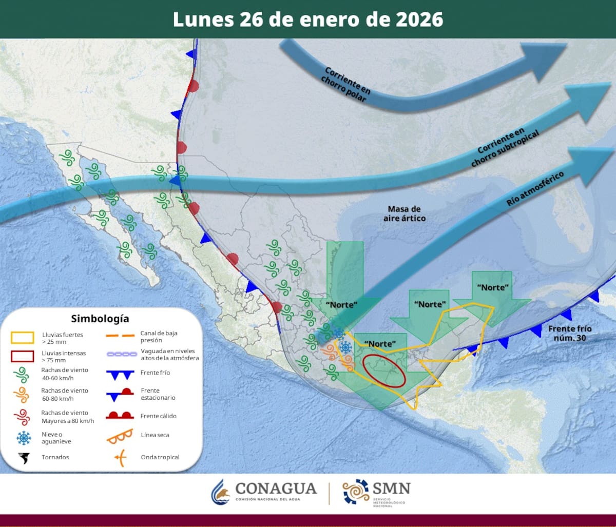 Pronóstico del clima para este lunes 26 de enero del 2026. | Crédito: SMN