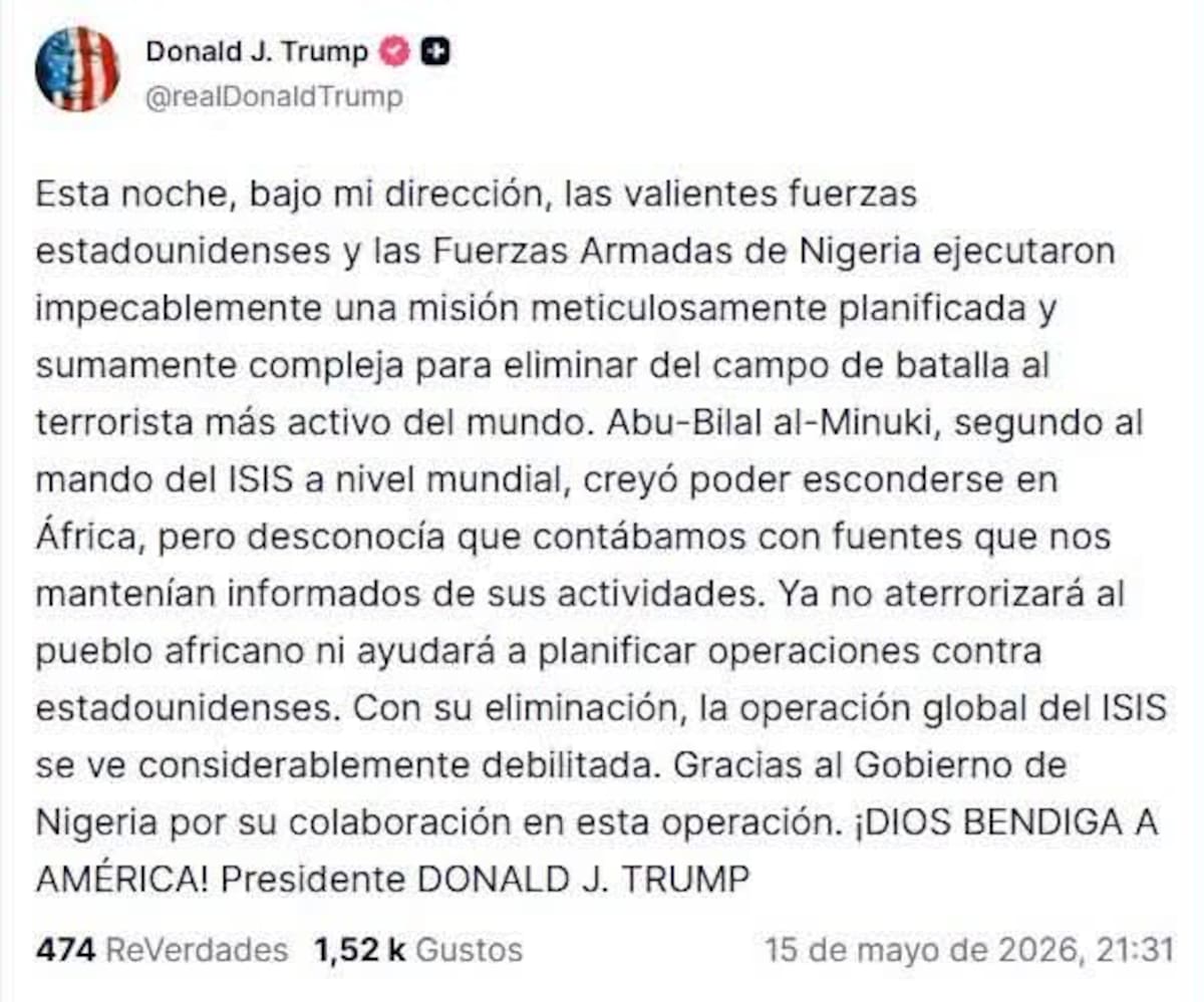 El presidente de Estados Unidos informó que la misión fue “meticulosamente planificada” y dirigida contra Abu-Bilal al-Minuki, señalado como segundo al mando de ISIS. Foto: Captura de pantalla
