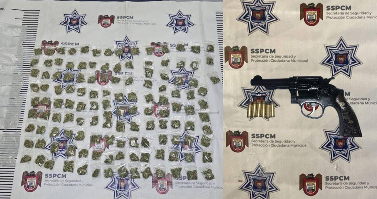 Al detenido se le decomisó un arma de fuego tipo revólver calibre .38 especial y cinco envoltorios con 26 bolsas de plástico que contenían mariguana.