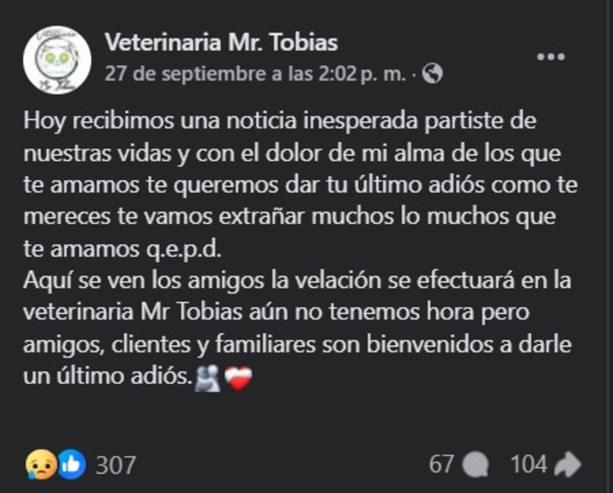 Publicación en Facebook / Veterinaria Mr. Tobias