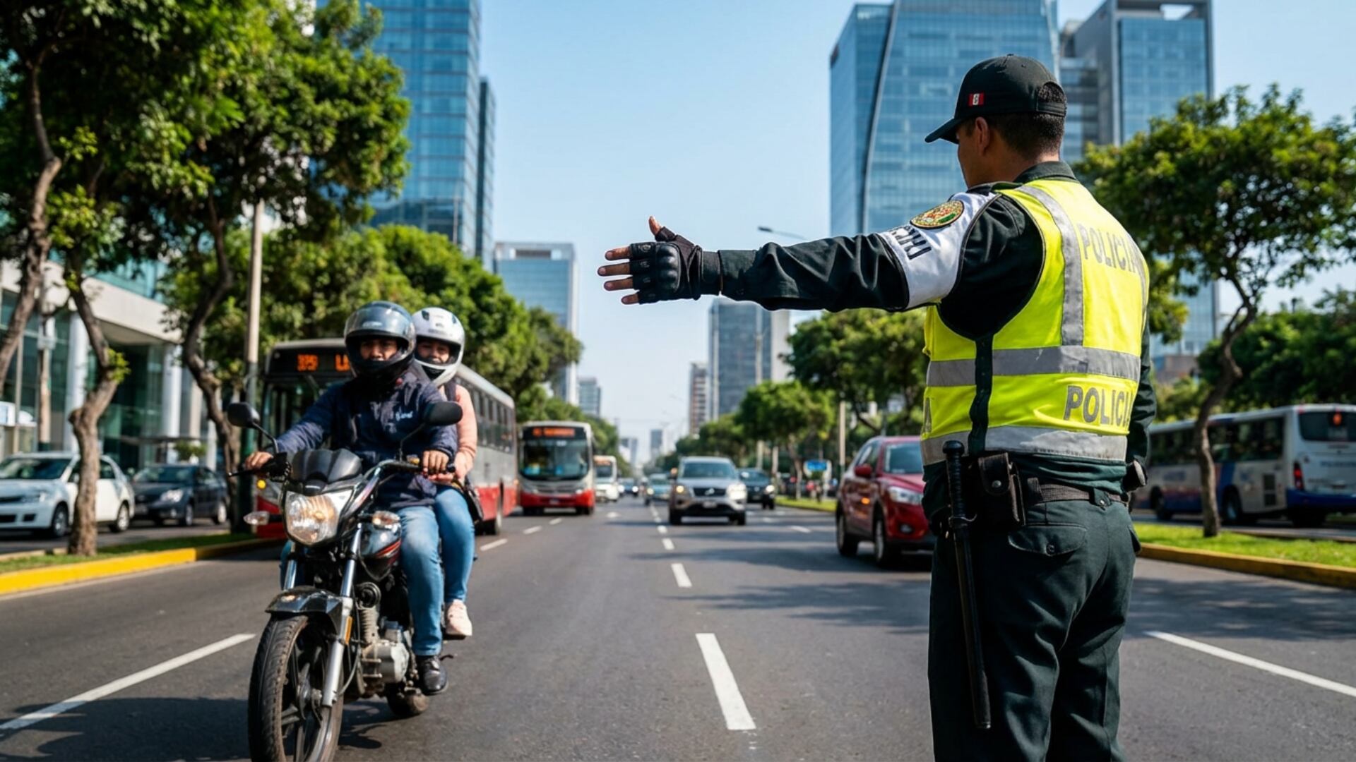 Detalle de la señalización vial y agentes de la Policía Nacional supervisando conductores de motocicletas. (Foto: Ilustrativa hecha con IA)