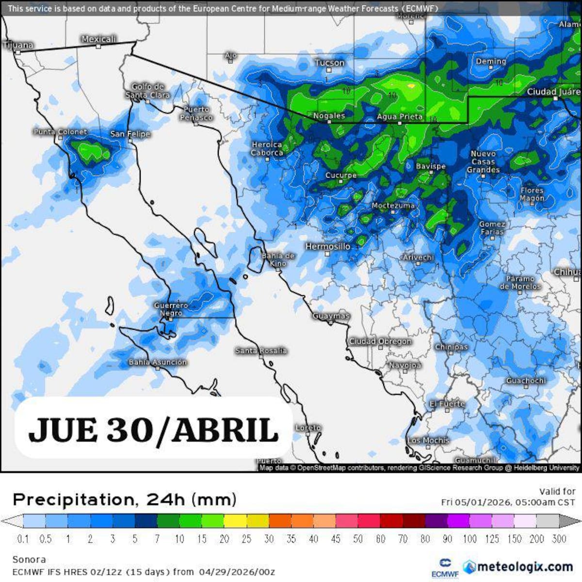 Para el jueves se esperan lluvias en Sonora, con posibles descargas eléctricas y rachas de viento en distintas regiones.