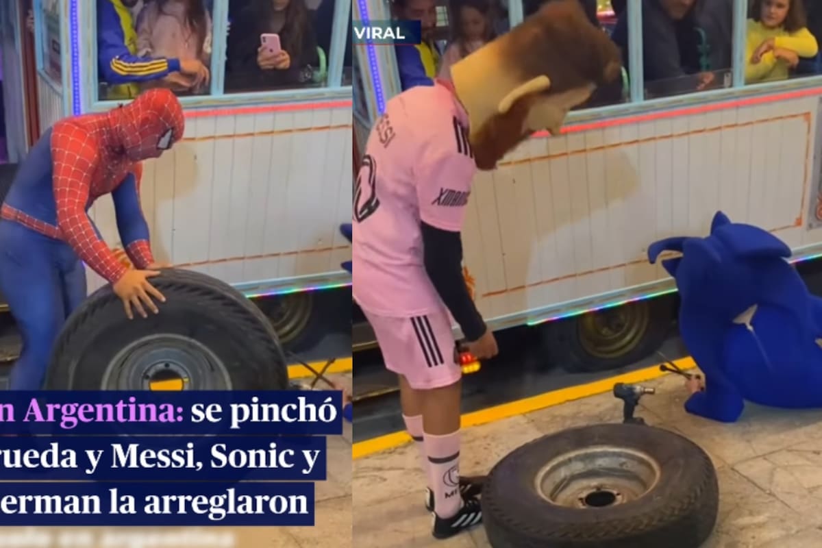 “No solo México es surreal, Argentina tiene lo suyo”: se poncha una llanta de juego mecánico y Spiderman, Messi y Sonic ayudan a cambiarla