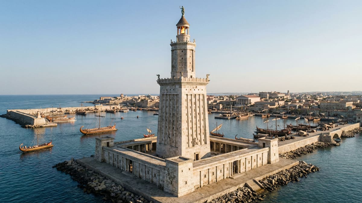 Restos virtuales del Faro de Alejandría reconstruidos en su apogeo, mostrando la monumental torre frente al puerto. /Gemini
