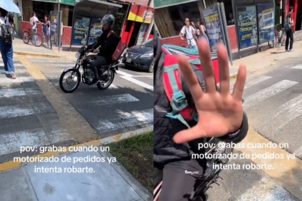 Joven graba el momento exacto en el que un repartidor en moto intenta robarle el celular (VÍDEO)