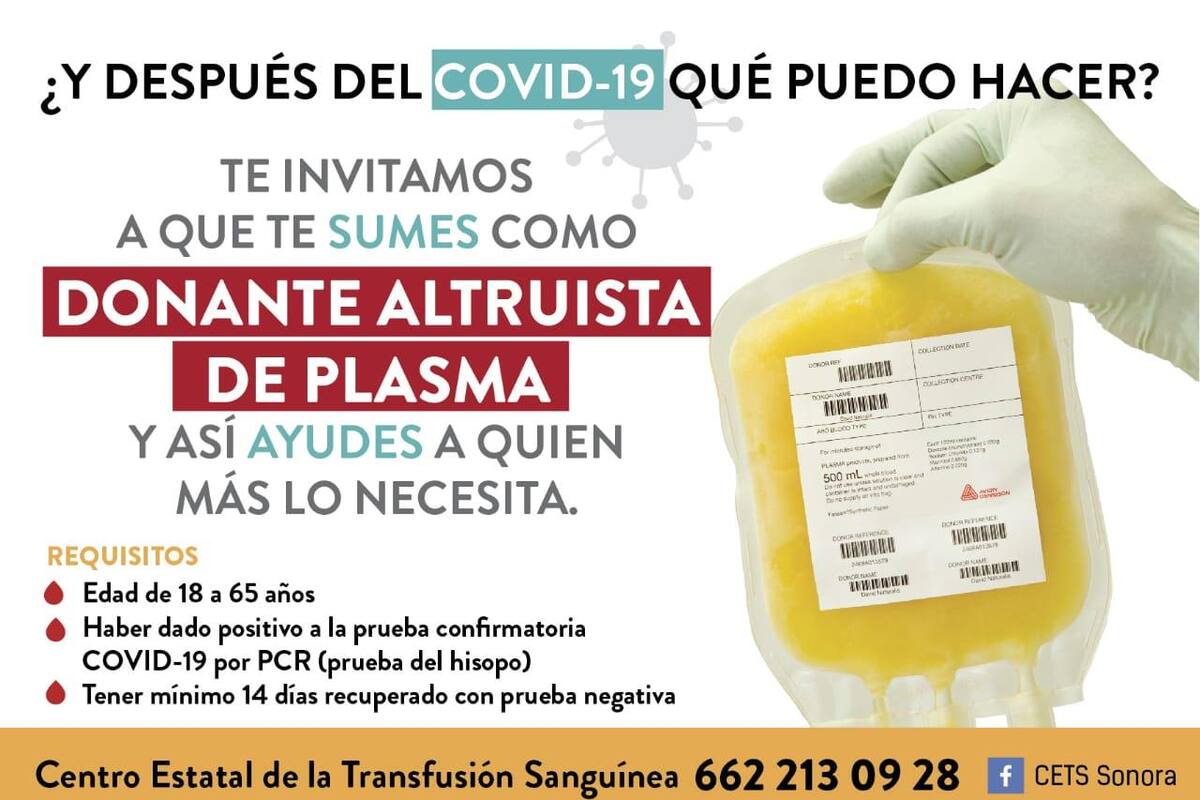 Reitera Salud Sonora llamado a donar plasma convaleciente de Covid-19