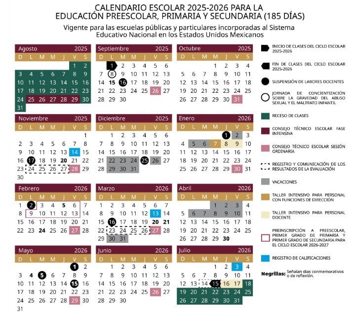 Calendario oficial de la SEP del ciclo 2025 - 2026. Foto: SEP