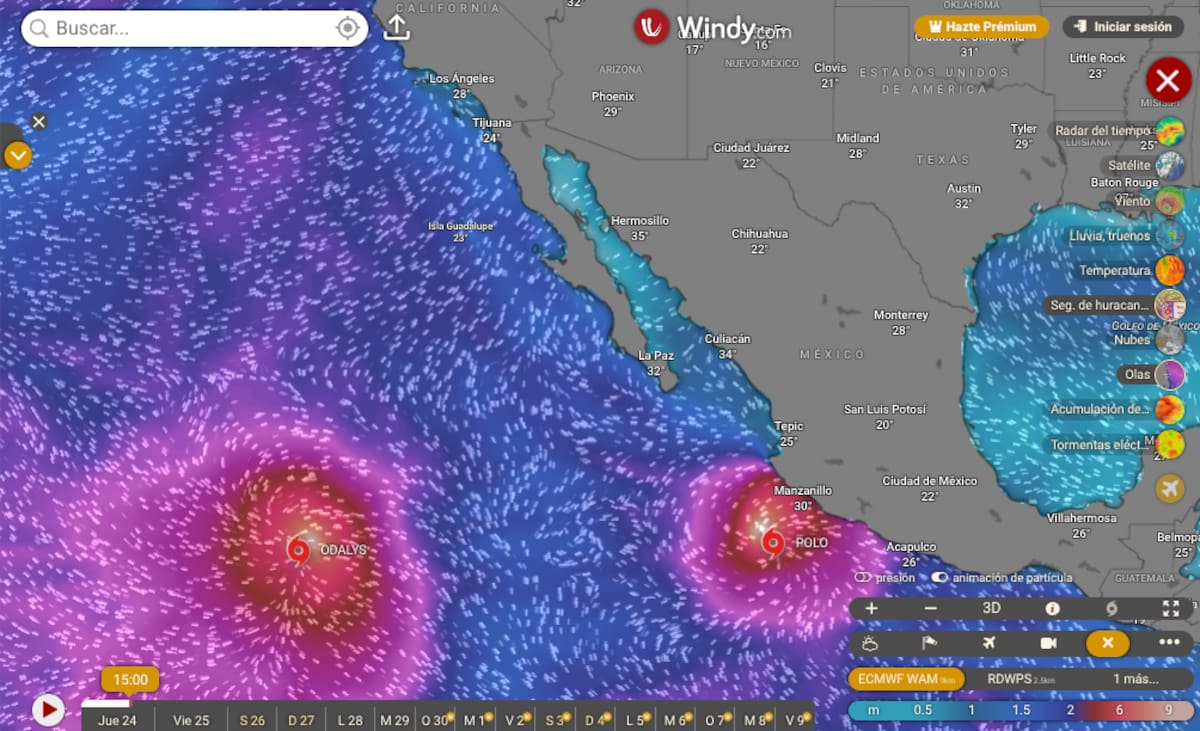 La Plataforma Windy.com da seguimiento en vivo al desplazamiento de los huracanes, ciclones activos alrededor del mundo. | Captura hecha a las 15:48 horas (horario de Hermosillo)