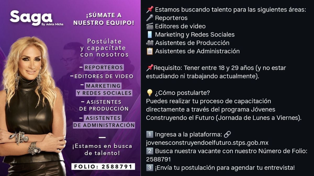 Adela Micha generó debate en redes sociales tras difundirse una convocatoria de La Saga para reclutar jóvenes mediante el programa Jóvenes Construyendo el Futuro.