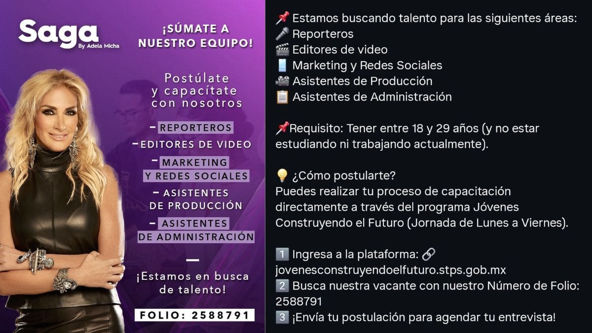Adela Micha generó debate en redes sociales tras difundirse una convocatoria de La Saga para reclutar jóvenes mediante el programa Jóvenes Construyendo el Futuro.