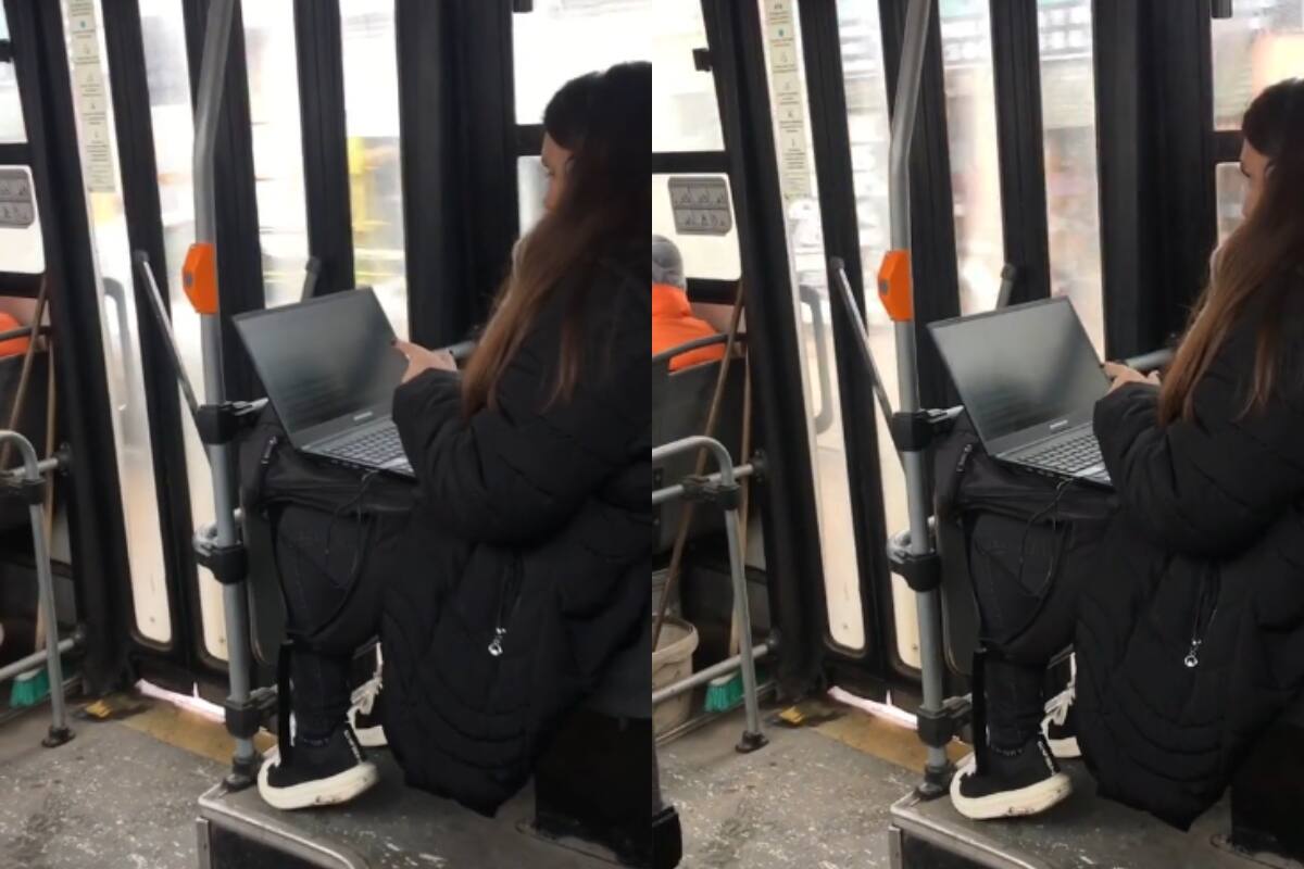 Mujer causa sorpresa al atender una videollamada en su laptop mientras viaja en transporte público (VIDEO)