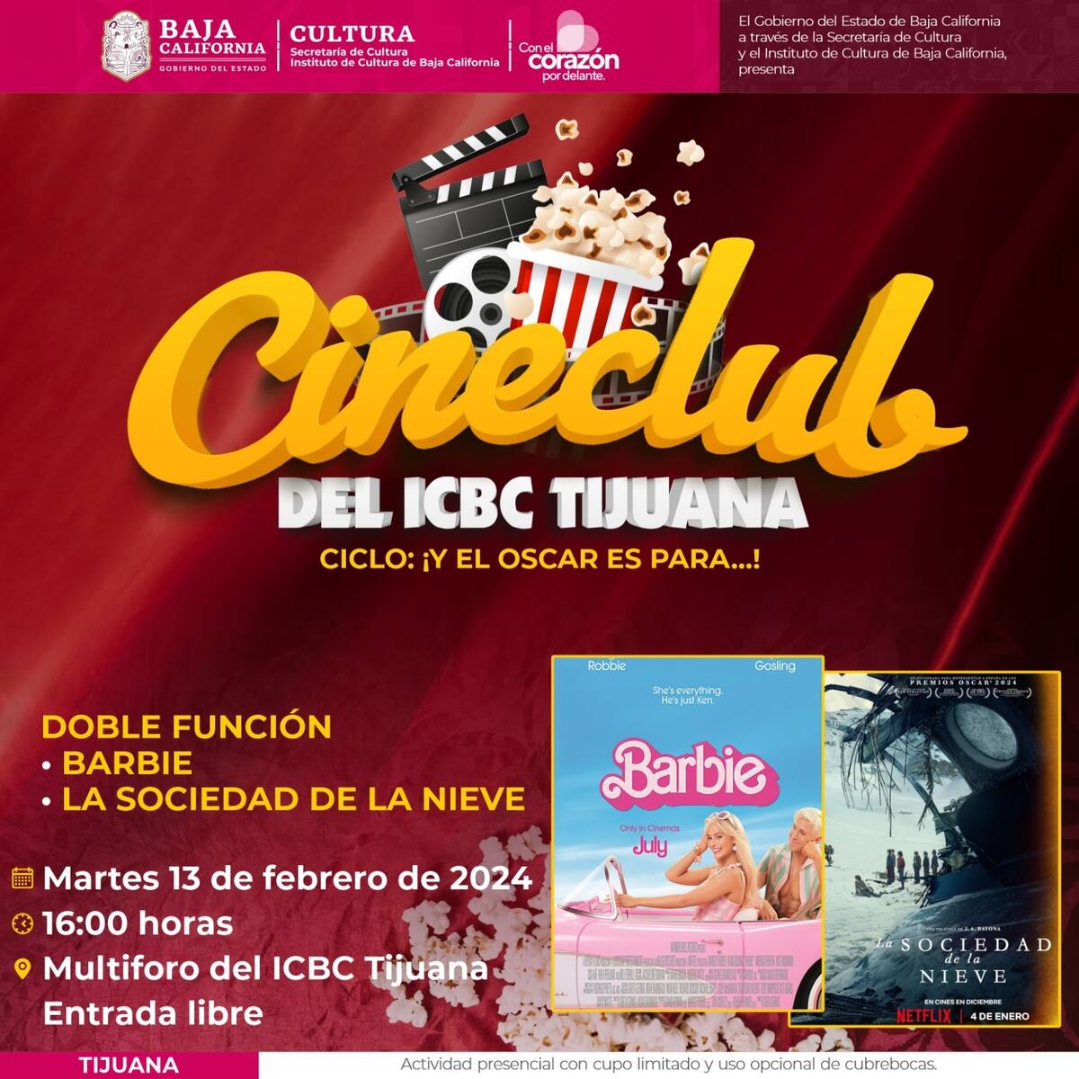 El martes 13 de febrero se proyectará “Barbie” a las 16:00 horas.