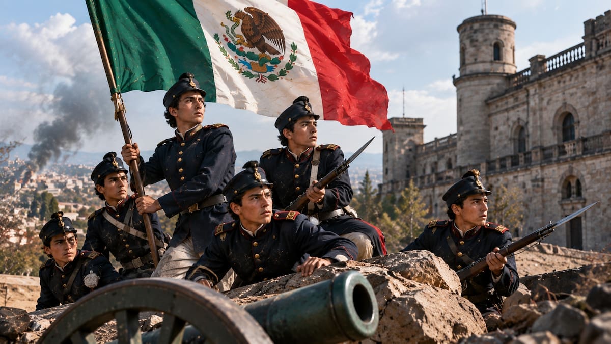 Representación ilustrativa de los Niños Héroes de Chapultepec, quienes defendieron el Castillo de Chapultepec durante la batalla del 13 de septiembre de 1847, en el marco de la guerra entre México y Estados Unidos. | Imagen hecha con IA de ChatGPT