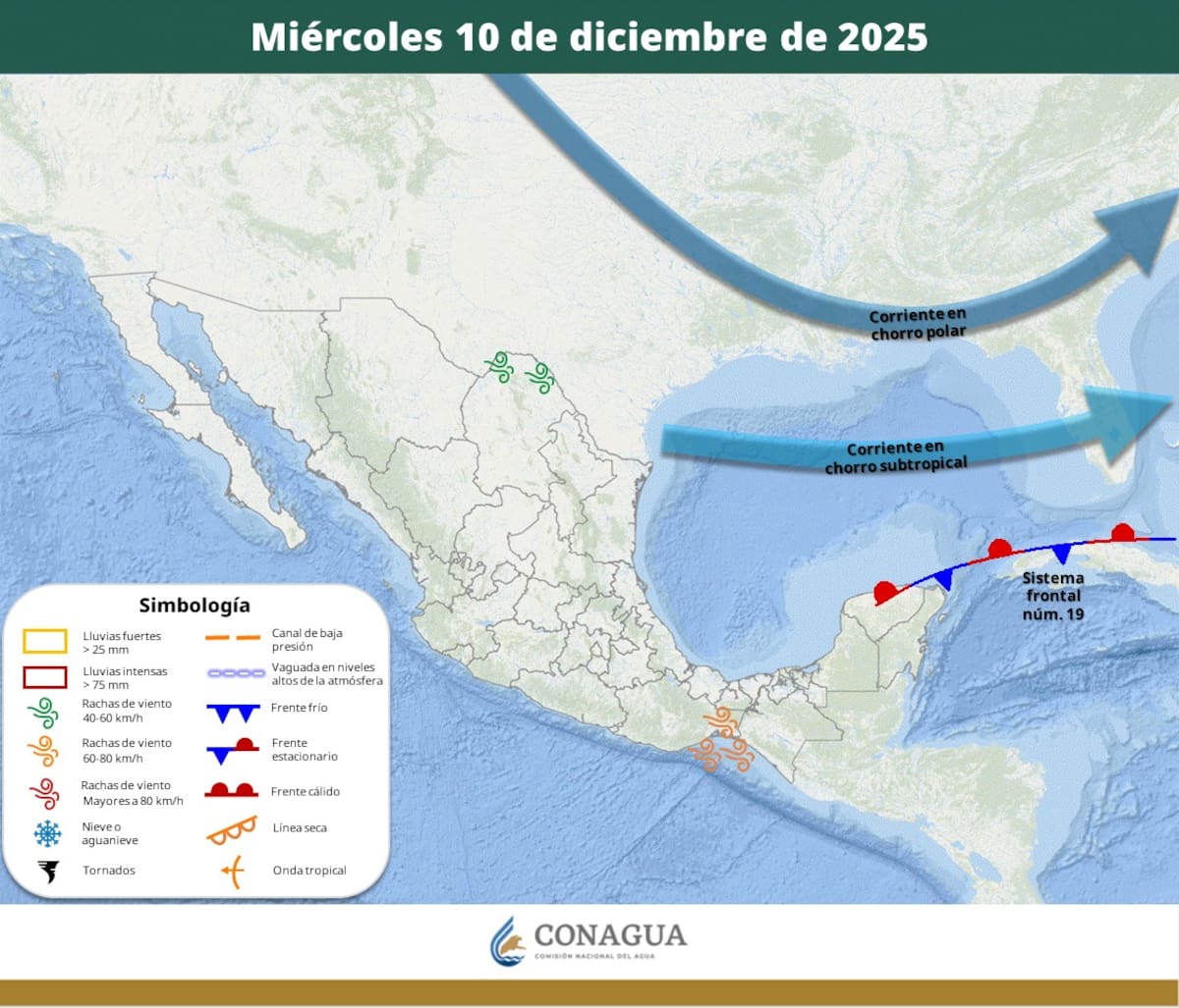 Pronóstico del clima para este miércoles 10 de diciembre del 2025. | Crédito: SMN