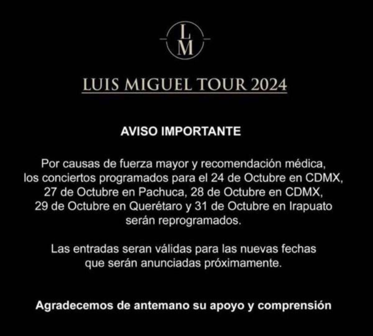 Anuncio de la suspensión de los conciertos de Luis Miguel en Ciudad d e México, Pachuca, Querétaro e Irapuato.