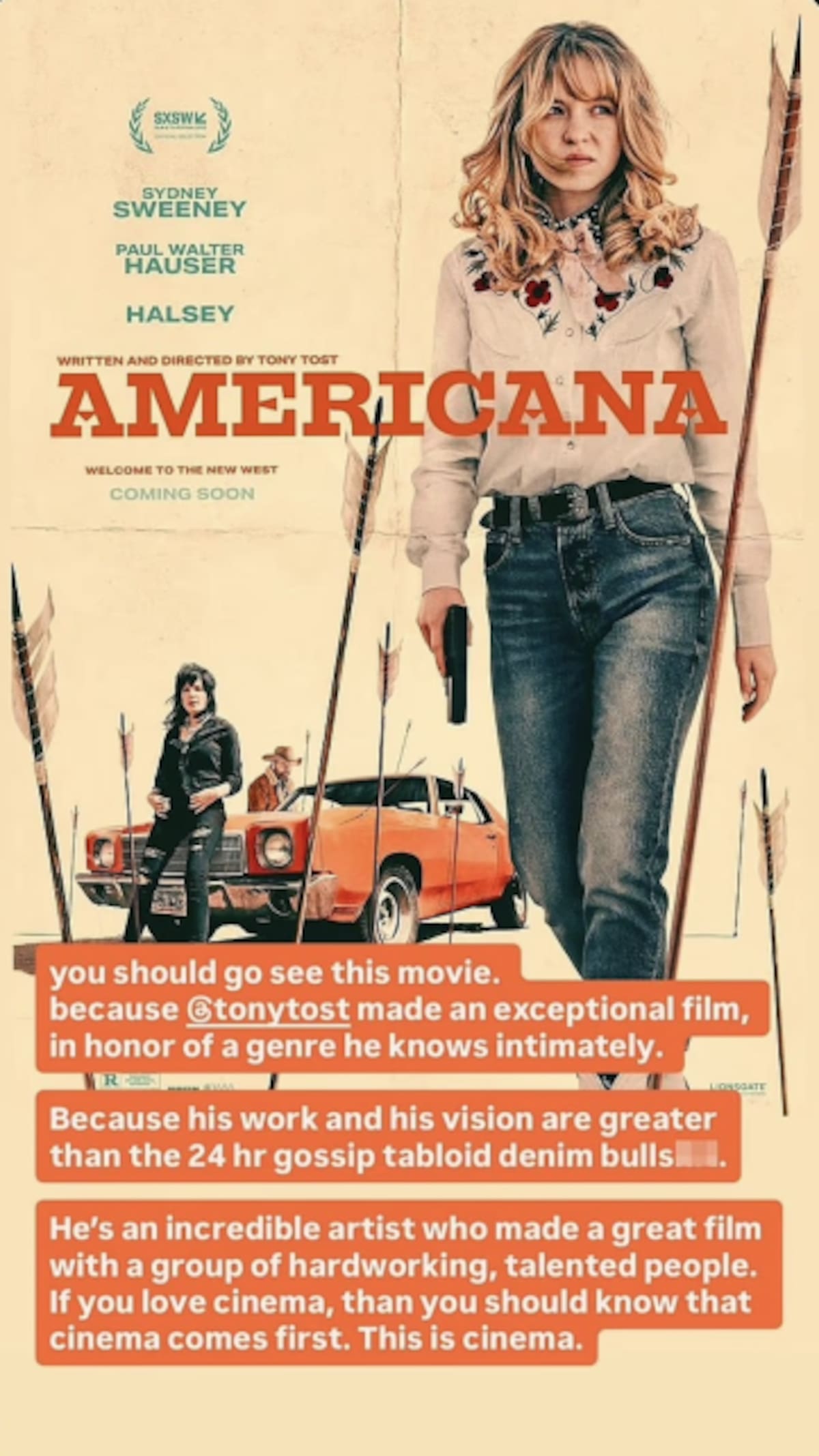 Halsey asegura que "el cine viene primero" ante el boicot que está recibiendo 'Americana' por la polémica de Sydney Sweeney. | Captura de pantalla: IG @iamhalsey