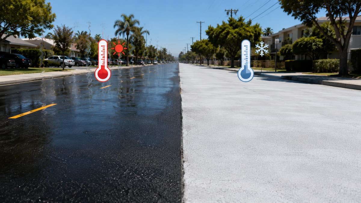 Los Ángeles lleva varios años probando calles con pavimento gris para reducir el calor que absorbe el asfalto convencional y mitigar el efecto de isla de calor urbana.