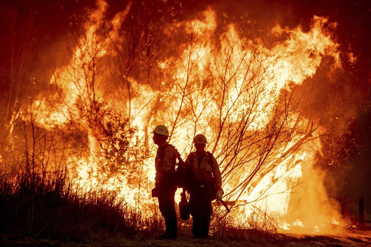 Bomberos intentando combatir el fuego en Kenneth en el área West Hills de Los Ángeles, el jueves 9 de enero del 2025. | Crédito: AP/Ethan Swope