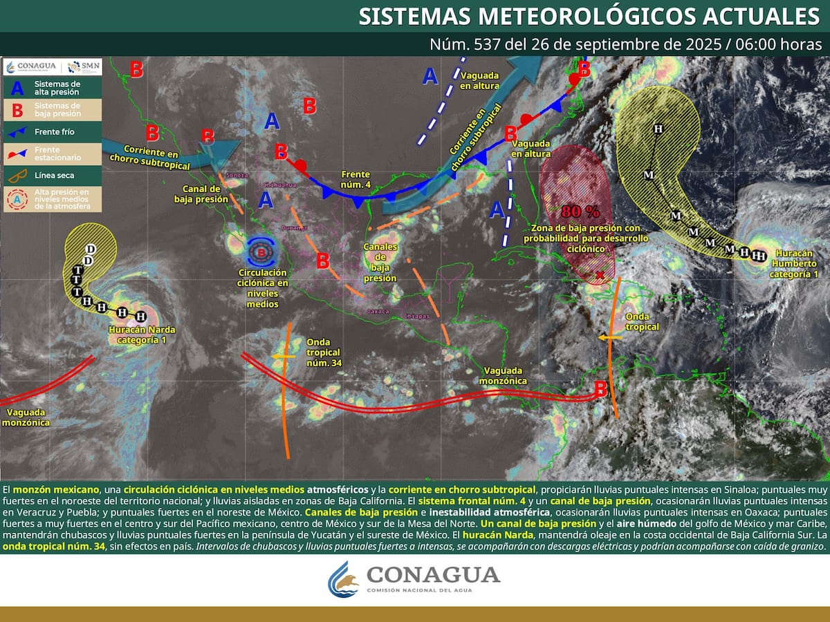 Clima hoy 26 de septiembre en México: lluvias, calor y viento. | Crédito: SMN
