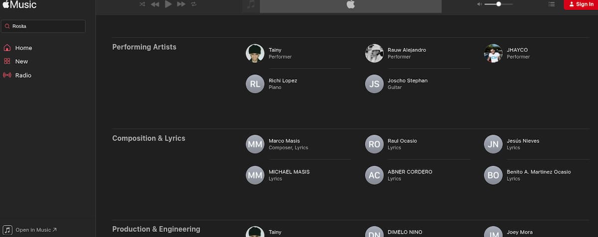 El nombre de Bad Bunny sigue apareciendo como compositor de "Rosita" en Apple Music