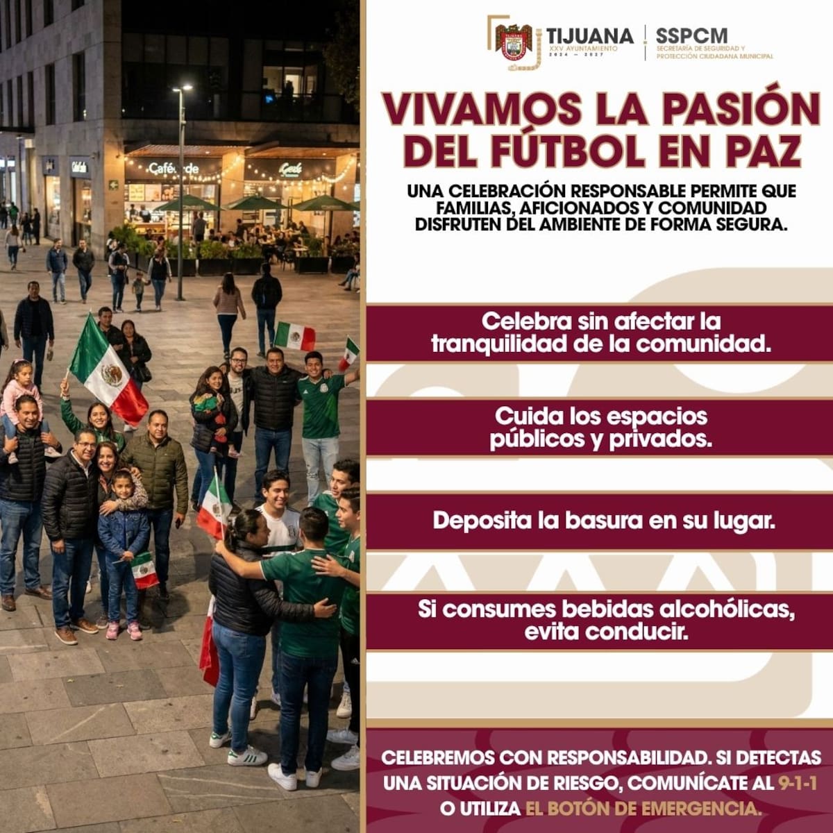 Las autoridades municipales llamaron a la población a disfrutar del encuentro de la Selección Mexicana con responsabilidad, promoviendo una convivencia segura y respetuosa.
Foto: Cortesía.