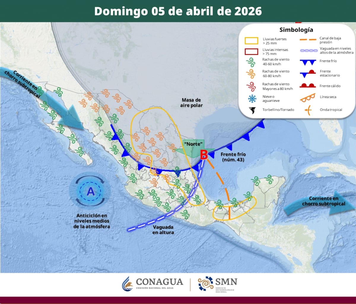 Pronóstico del clima para el domingo 5 de abril del 2026. | Crédito: SMN