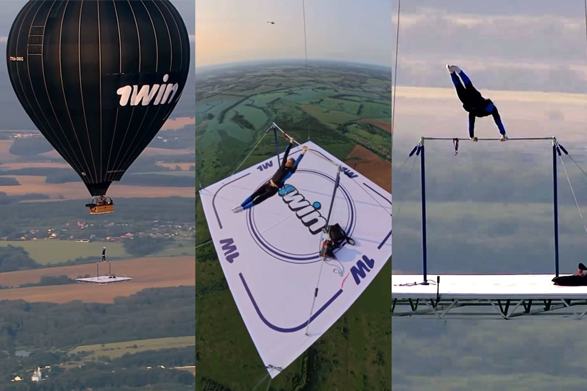 Gimnasta ruso impone Récord Guinness extremo al hacer acrobacias a mil 500 metros de altura, sin protección y volando en un globo