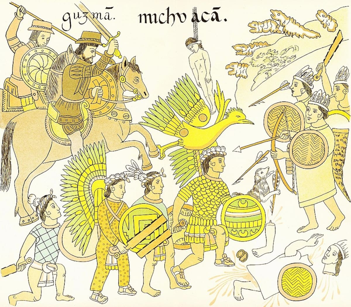 Guerreros tlaxcaltecas y españoles luchando contra guerreros purépechas. | Crédito: Wikimedia Commons / Ilustración del siglo XVI del Lienzo de Tlaxcala, autor desconocido.