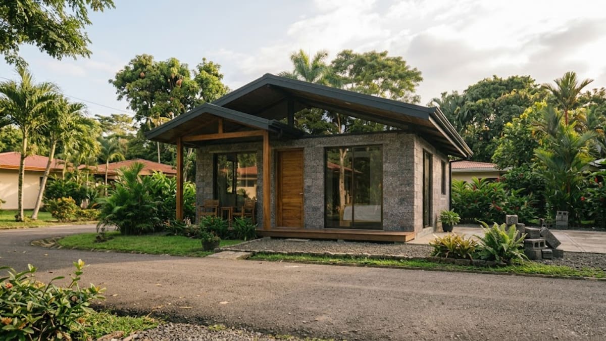 La casa combina una apariencia convencional con bloques fabricados a partir de plástico reciclado, una alternativa para aprovechar residuos.