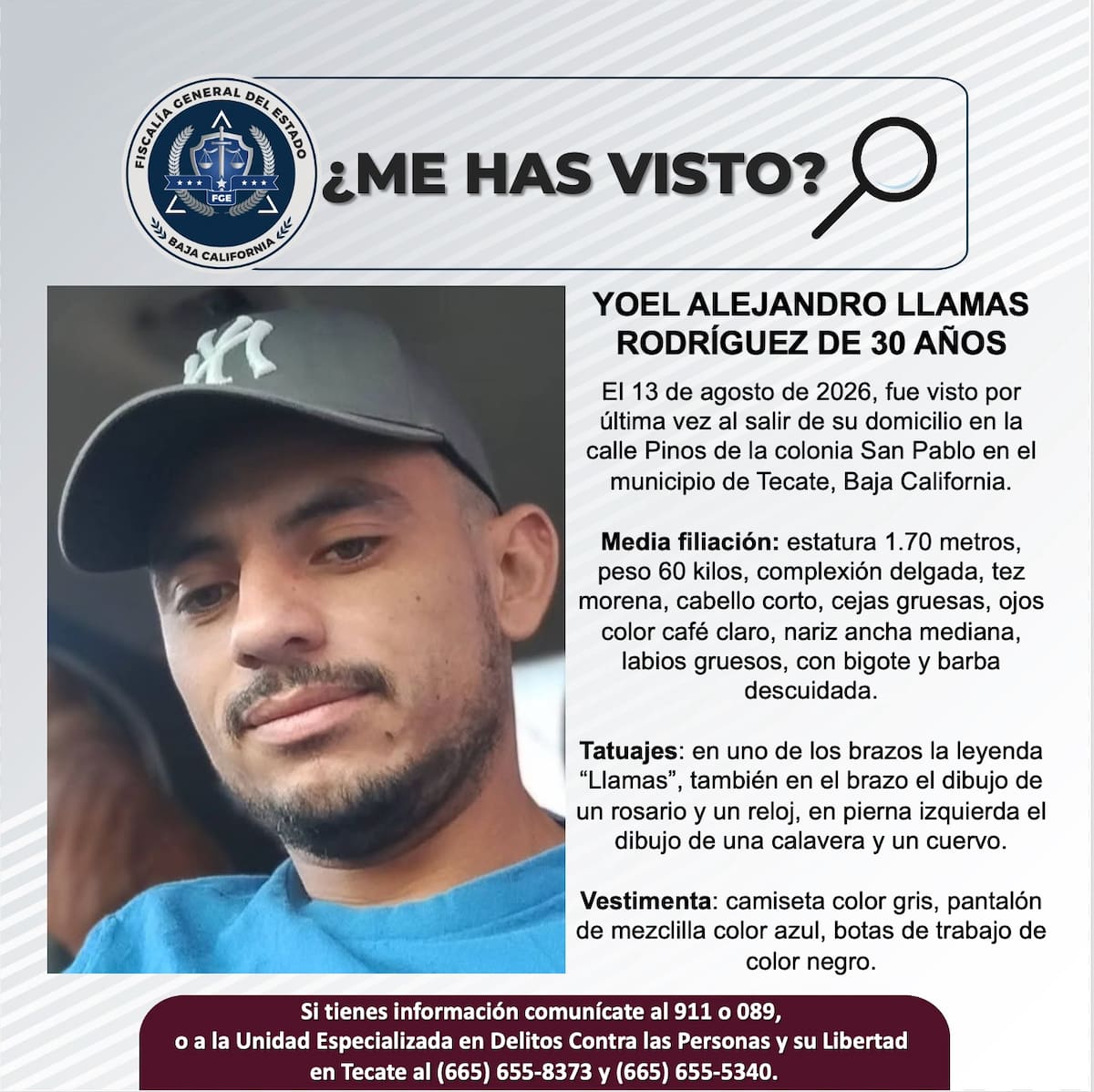 Yoel Alejandro Llamas Rodríguez fue visto por última vez el 13 de agosto de 2026 al salir de su domicilio en la colonia San Pablo, Tecate. Foto: Cortesía