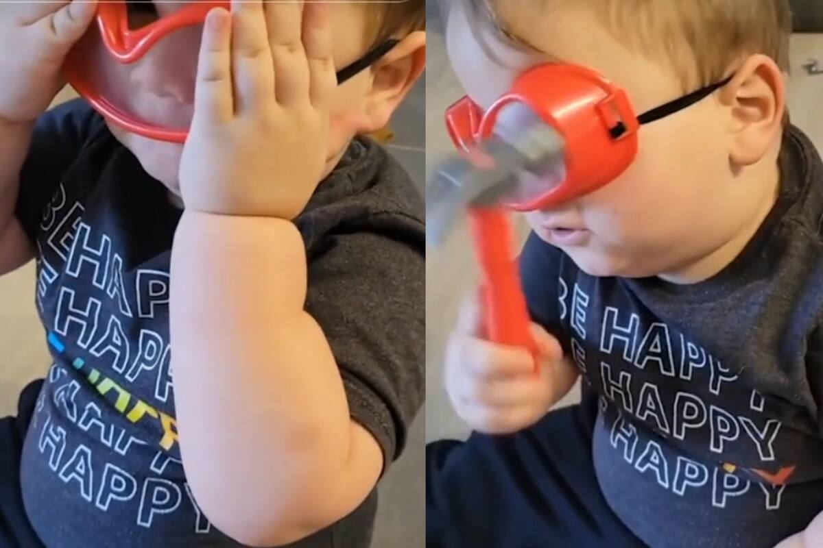 Niño sorprende al ponerse unos lentes protectores para luego golpearse en la cara con un martillo de juguete