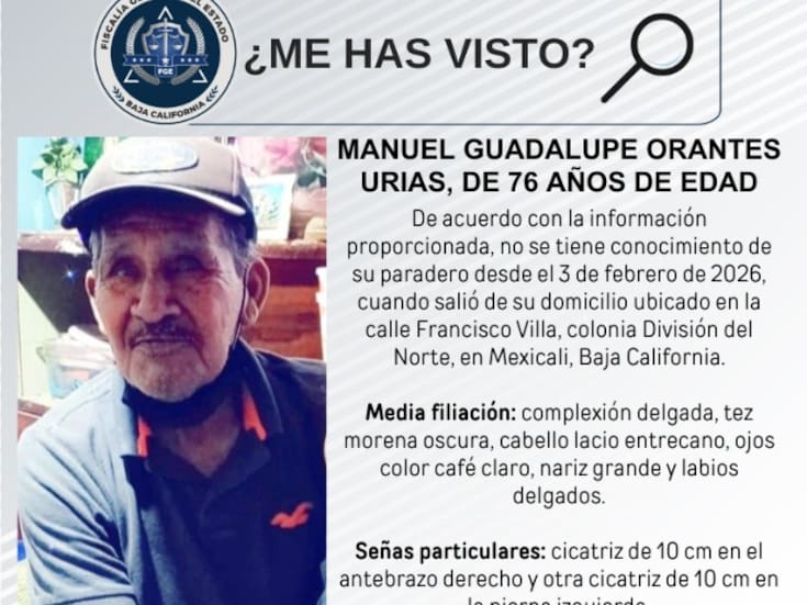 Buscan a Manuel Guadalupe Orantes Urías, adulto mayor de 76 años desaparecido