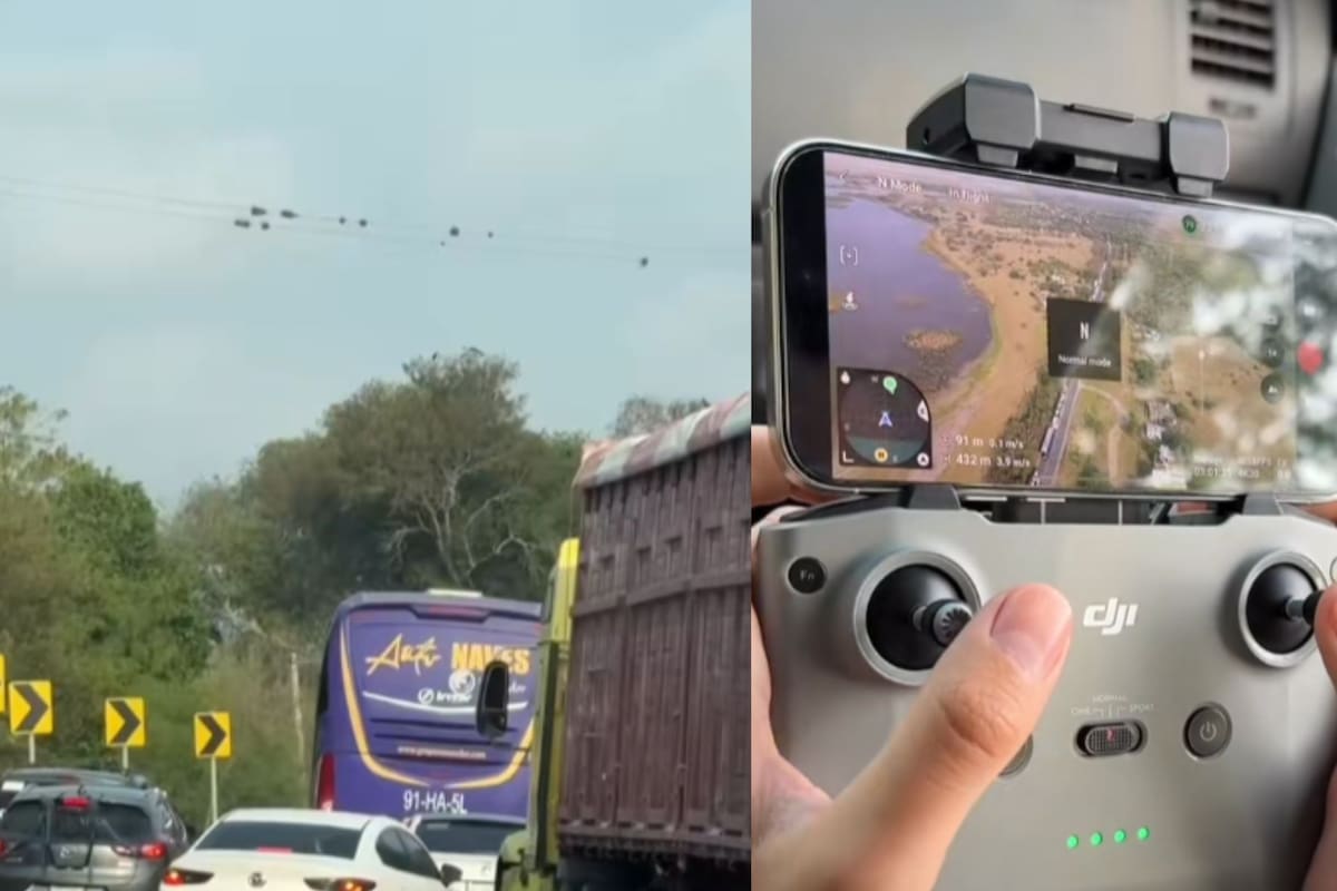Hombre utiliza un dron para inspeccionar el tráfico y evaluar si puede invadir un carril