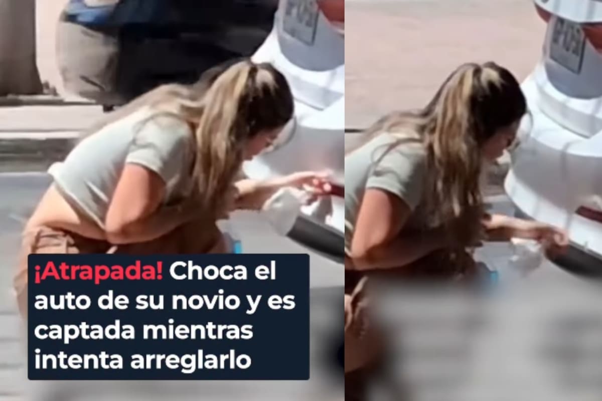 Mujer choca el caro de su novio y es captada tratando de arreglarlo como puede