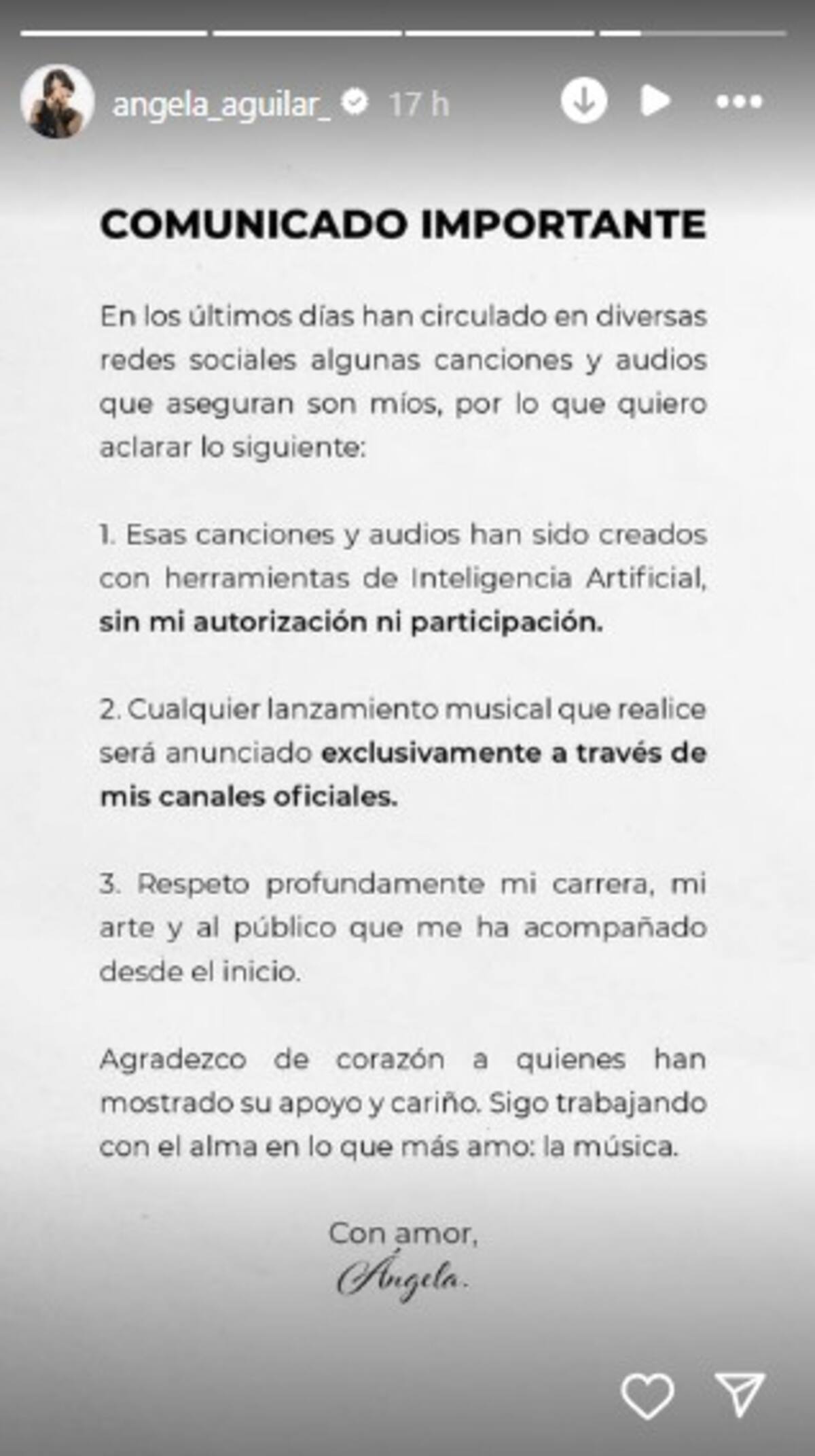 Comunicado oficial de Ángela Aguilar / Instagram @angela_aguilar_