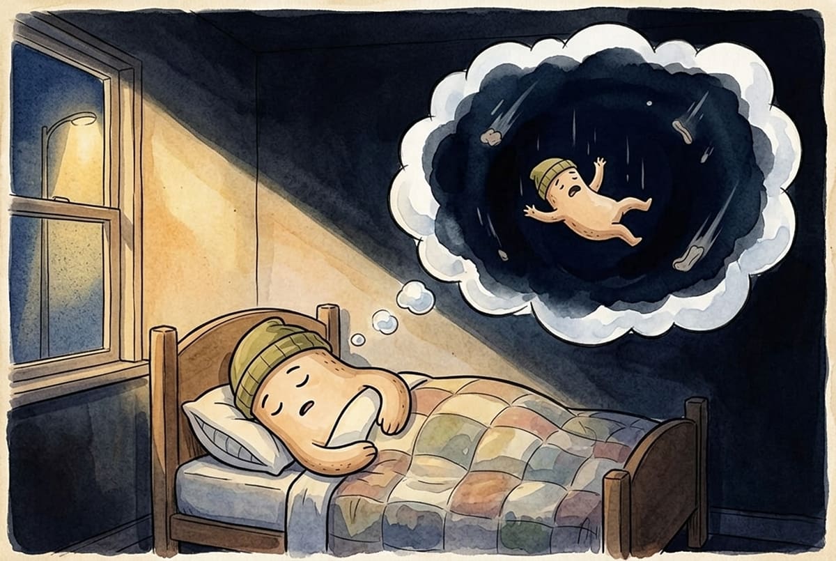Estás a punto de dormir, sientes que caes y de pronto brincas. No estabas cayendo: tu cerebro estaba entrando en el sueño. Foto: Generada con IA