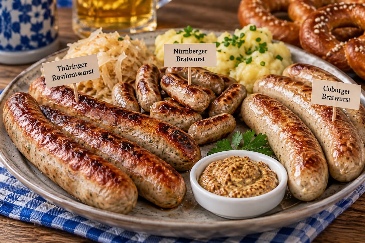 Alemania cuenta con diversas variedades regionales de salchicha, entre ellas la Thüringer Rostbratwurst, la Nürnberger Bratwurst y la Coburger Bratwurst, cada una con características propias. | Crédito: Imagen hecha con IA de ChatGPT