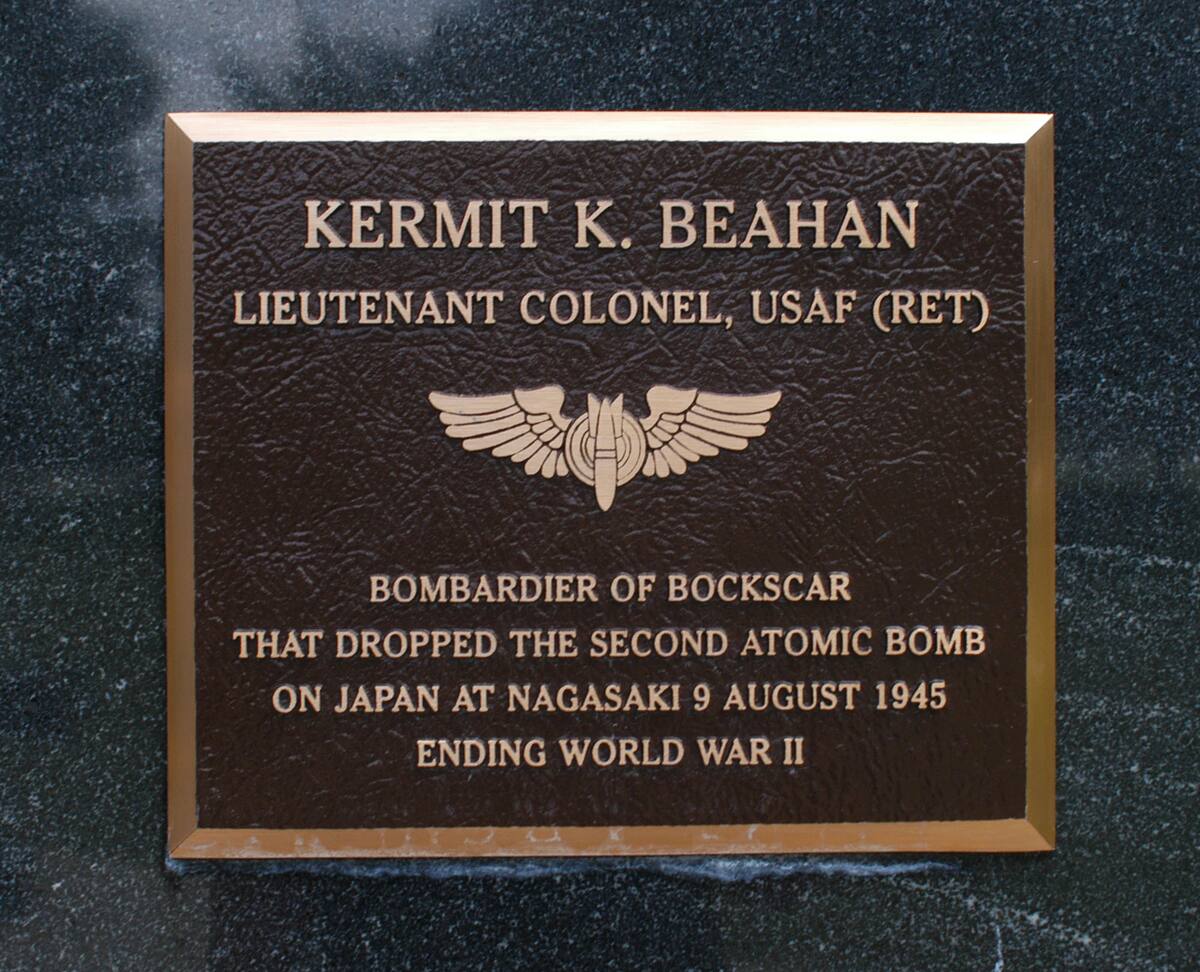 DAYTON, Ohio - Lt. Col. Kermit K. Beahan memorial plaque in Memorial Park at the National Museum of the U.S. Air Force. (U.S. Air Force photo)