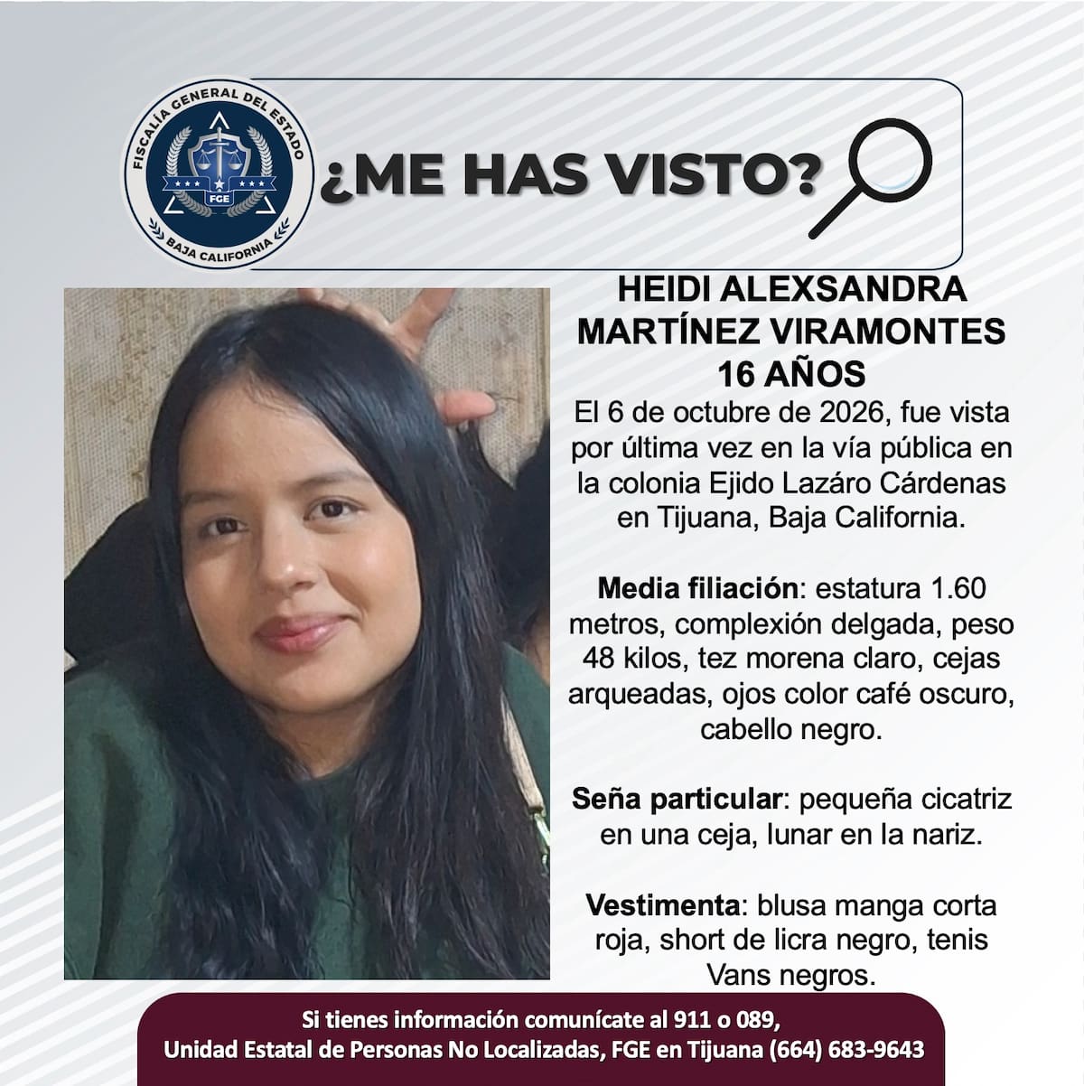 Heidi Alexsandra Martínez Viramontes fue vista por última vez el 6 de octubre en la colonia Ejido Lázaro Cárdenas, en Tijuana. Foto: Cortesía