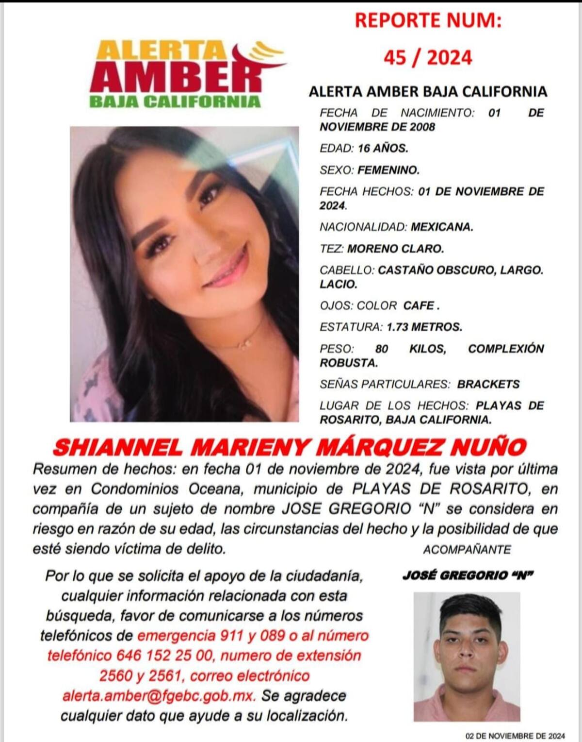 Shiannel Marieny Márquez Nuño fue vista por última vez el 1 de noviembre del 2024.