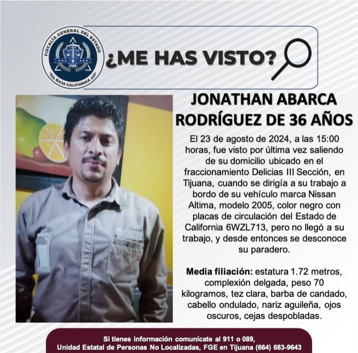 Jonathan Abarca Rodríguez fue visto por última vez el 23 de agosto de 2024.