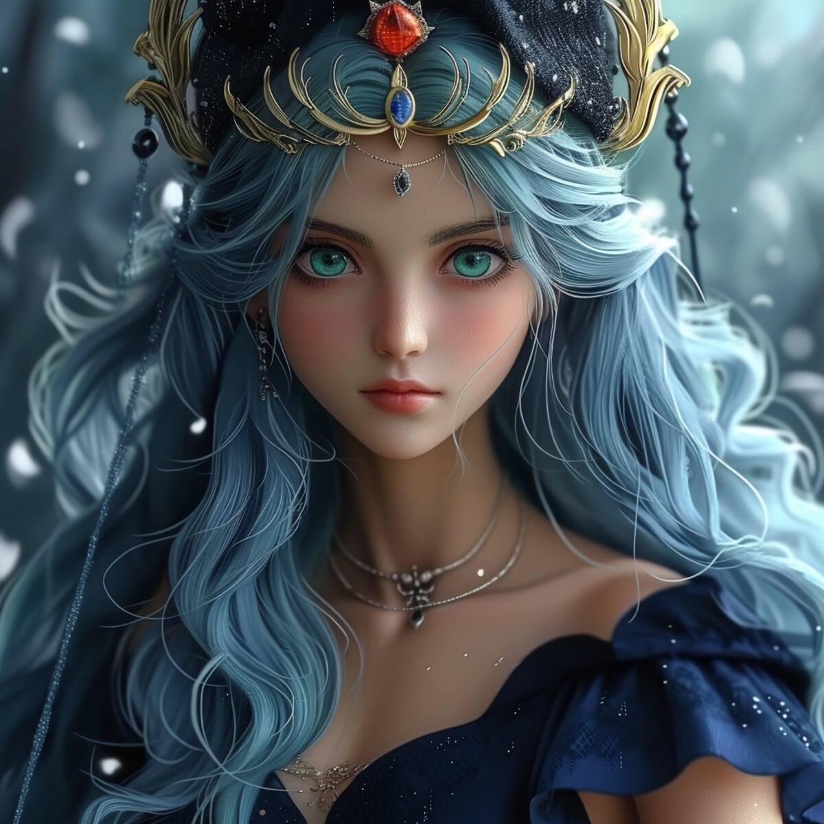 Los ojos azul verdoso de Hilda reflejan la dualidad de su personaje, entre la generosidad y la frialdad, en esta interpretación de la IA.