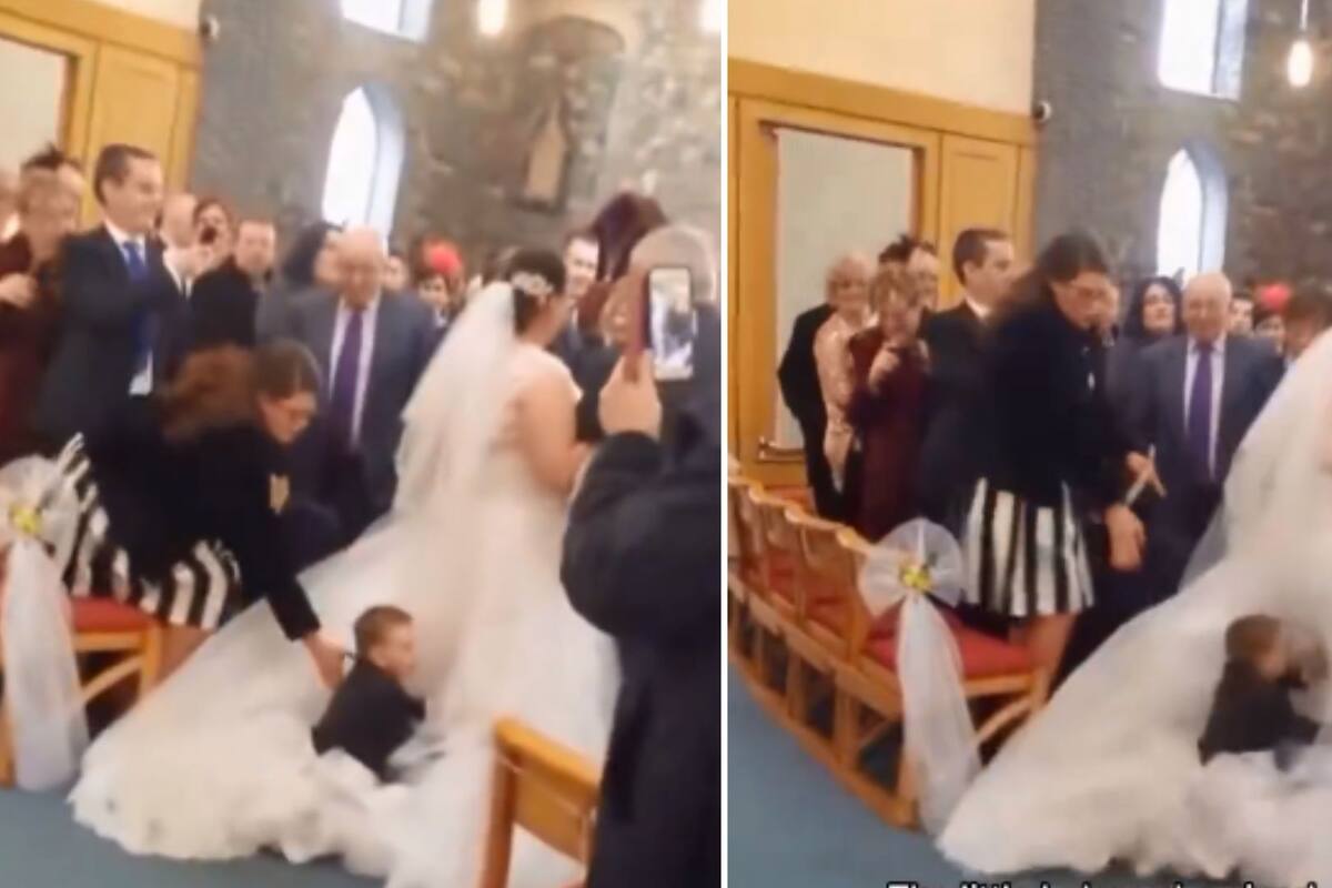 VIDEO: Niño se roba el show al saltar sobre el vestido de la novia en plena boda
