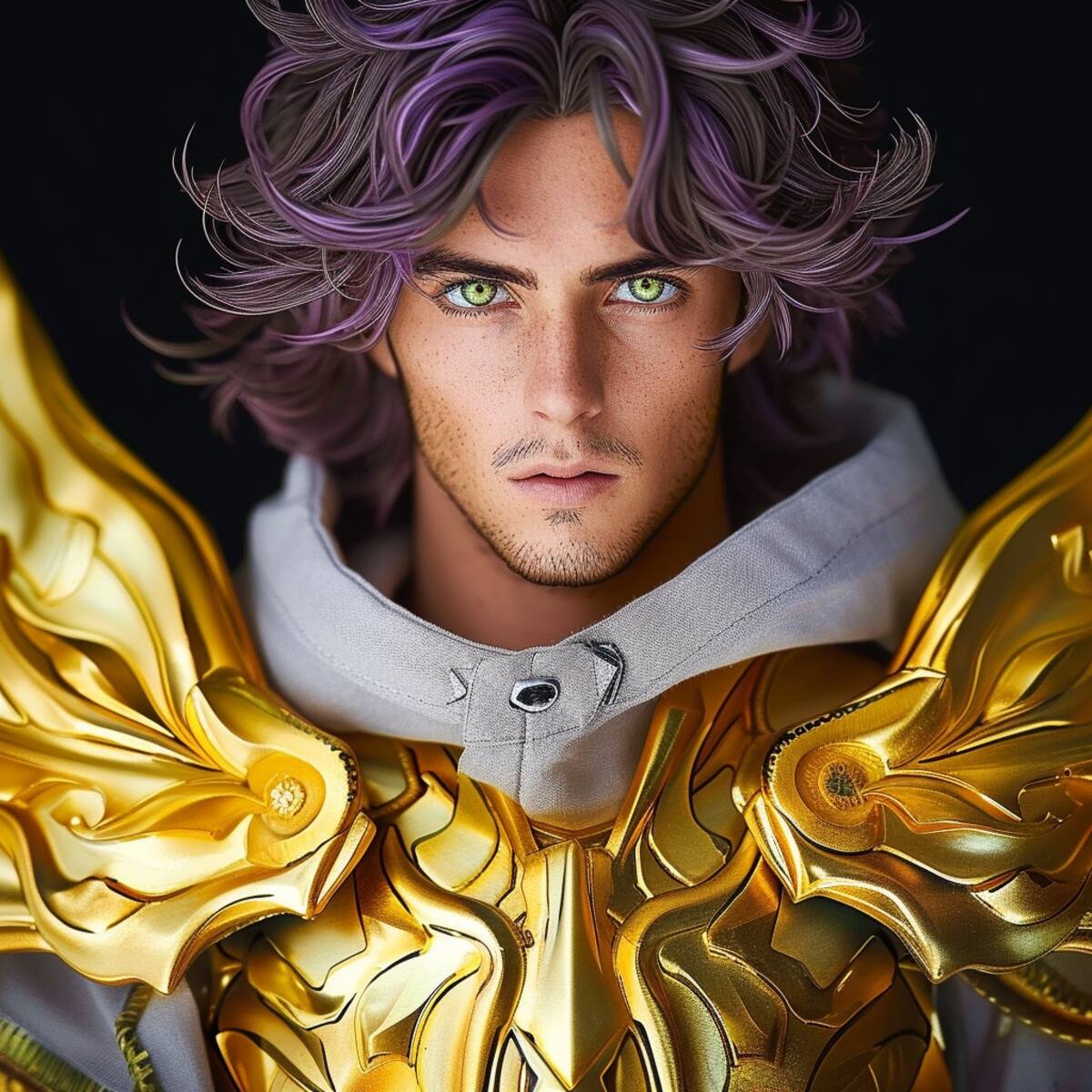 Explora la nueva estética de Mū de Aries, con una tonalidad de cabello morado y una expresión atractiva, cortesía de la inteligencia artificial.