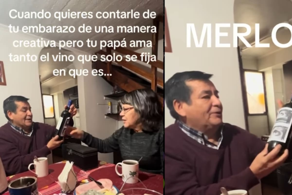 Una hija le da una importante noticia a su padre con una botella de vino, pero él se concentra más en la bebida que en la noticia