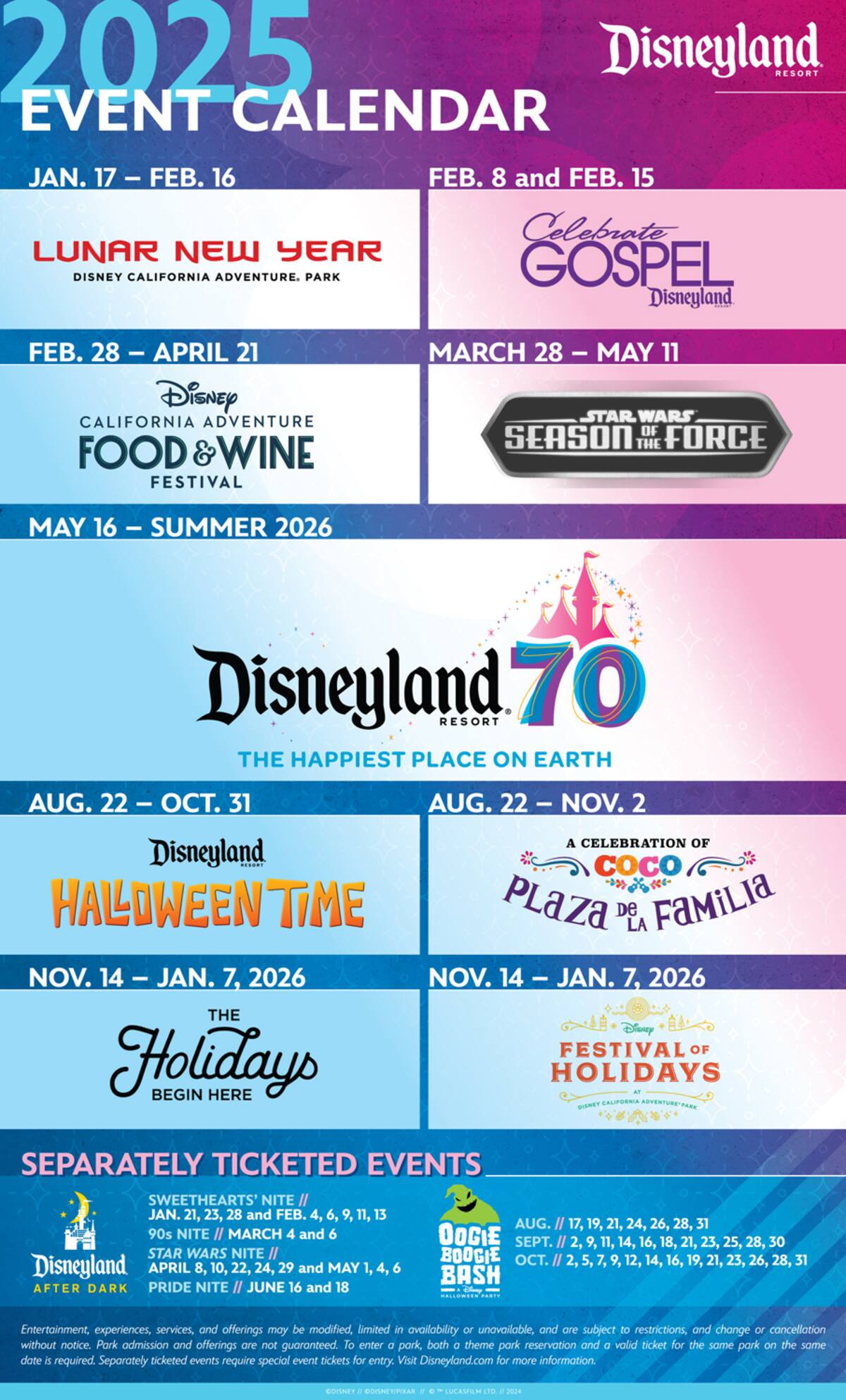 Se dio a conocer el calendario anual de actividades de Disneyland Resort para el próximo año.