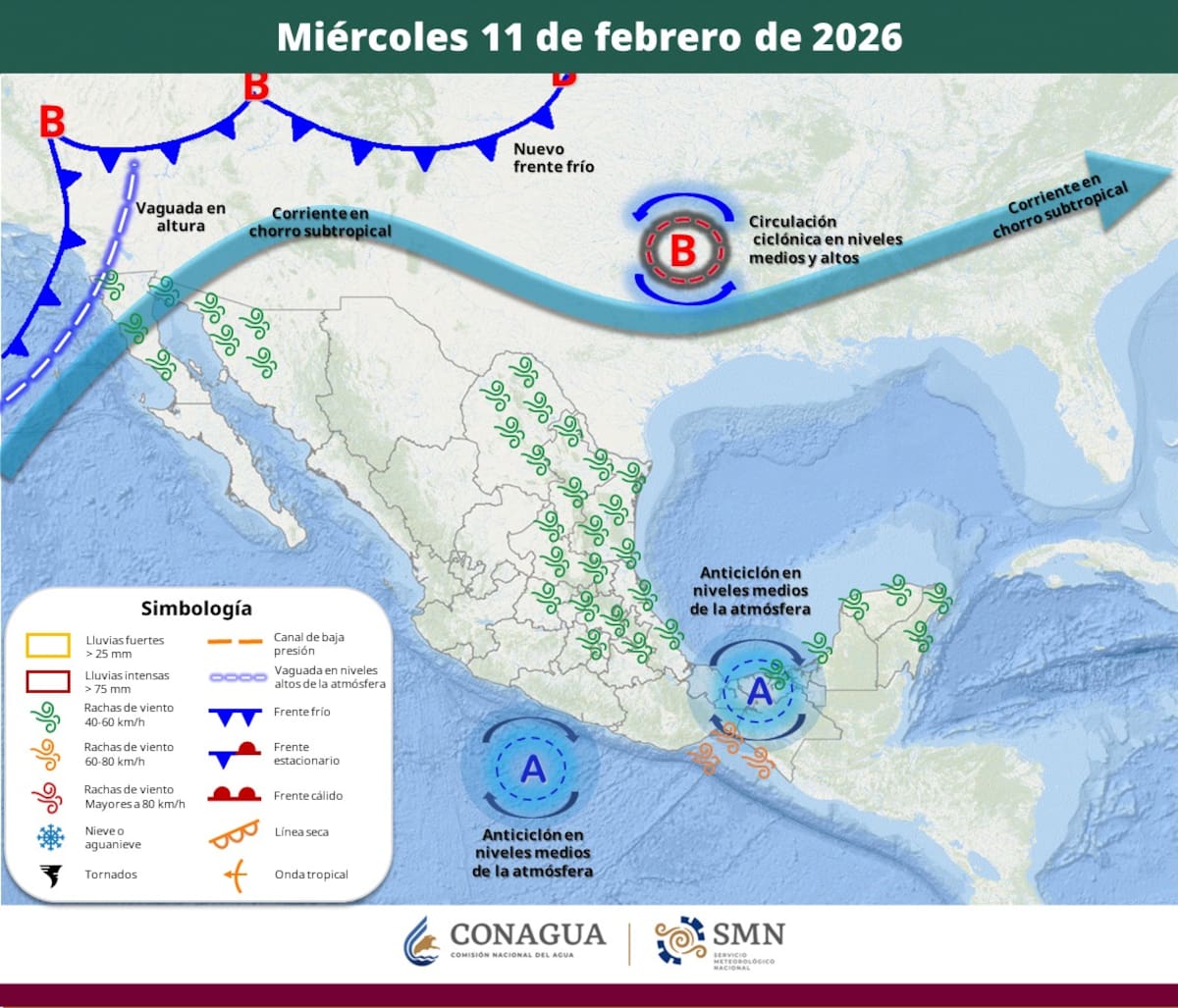 Pronóstico del clima para el martes 10 de febrero del 2026. | Crédito: SMN